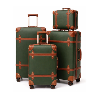 Global DaVinci Chromatic Heritage Trunk-Style Spinner Luggage Set - Forest Green with Brown Trim