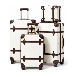Global DaVinci Chromatic Heritage Trunk-Style Spinner Luggage Set - Ivory with Brown Trim