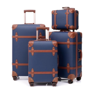 Global DaVinci Chromatic Heritage Trunk-Style Spinner Luggage Set - Navy with Brown Trim