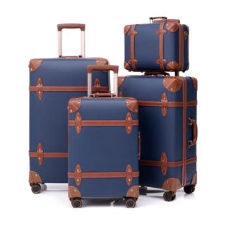Global DaVinci Chromatic Heritage Trunk-Style Spinner Luggage Set - Navy with Brown Trim