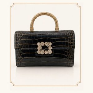 Noir Croc Crystal Handle Clutch
