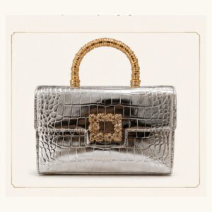 Silver Croc-Embossed Top Handle Bag